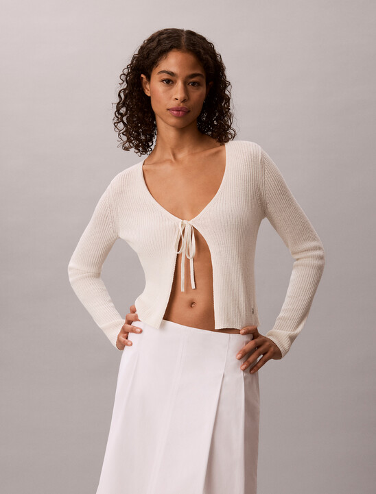 Linen Blend Tie Front Cardigan