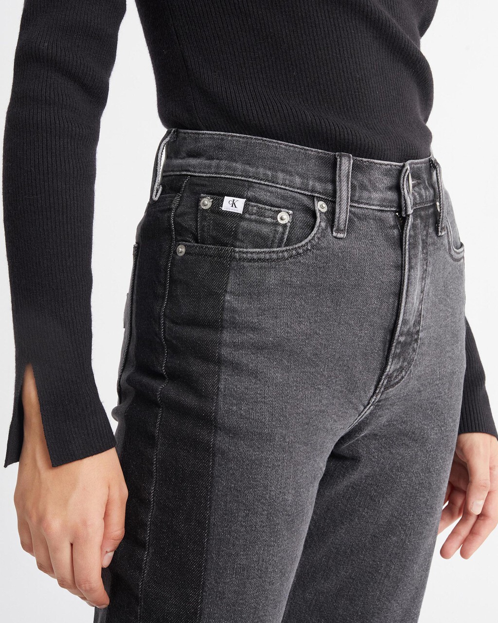 TWO TONE BLACK HIGH RISE STRAIGHT ANKLE JEANS, Washed Black Blocked, hi-res