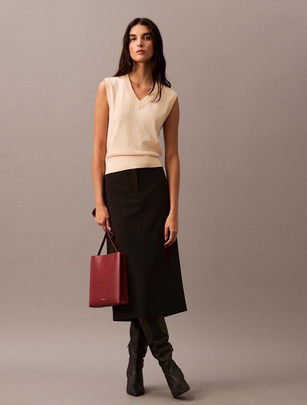 Merino V Neck Shrunken Vest, Linen, hi-res