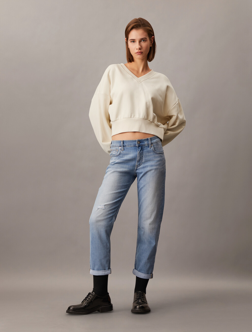 Oversized V Neck Pullover Sweatshirt, Ivory, hi-res