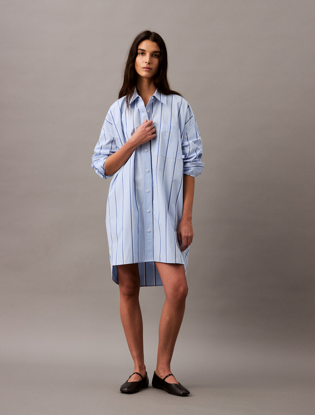 寬鬆條紋棉質襯衫連身裙, 18815 CSW25S_W013+Chambray Blue, hi-res
