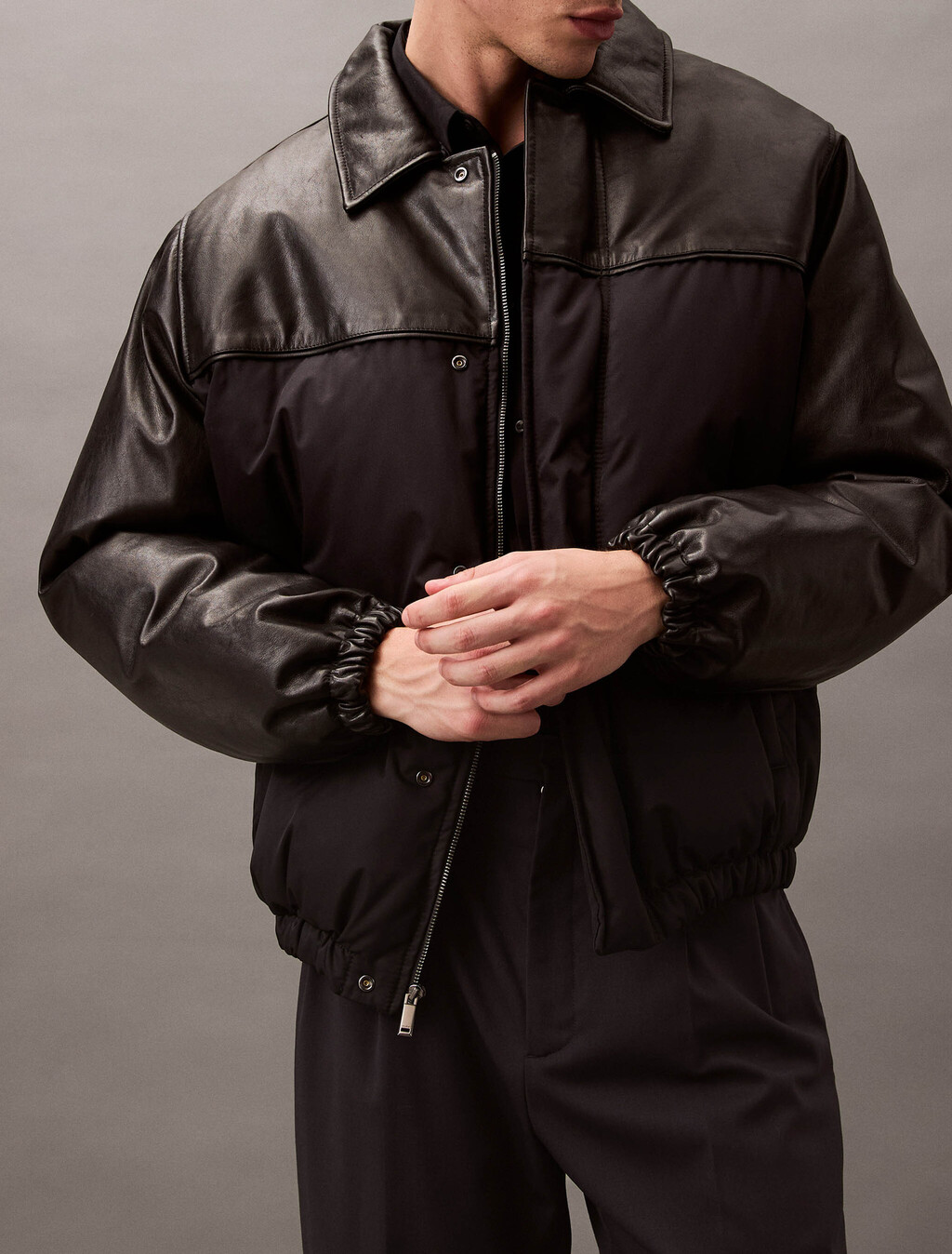 Nylon Leather Bomber Jacket, Vulcan, hi-res