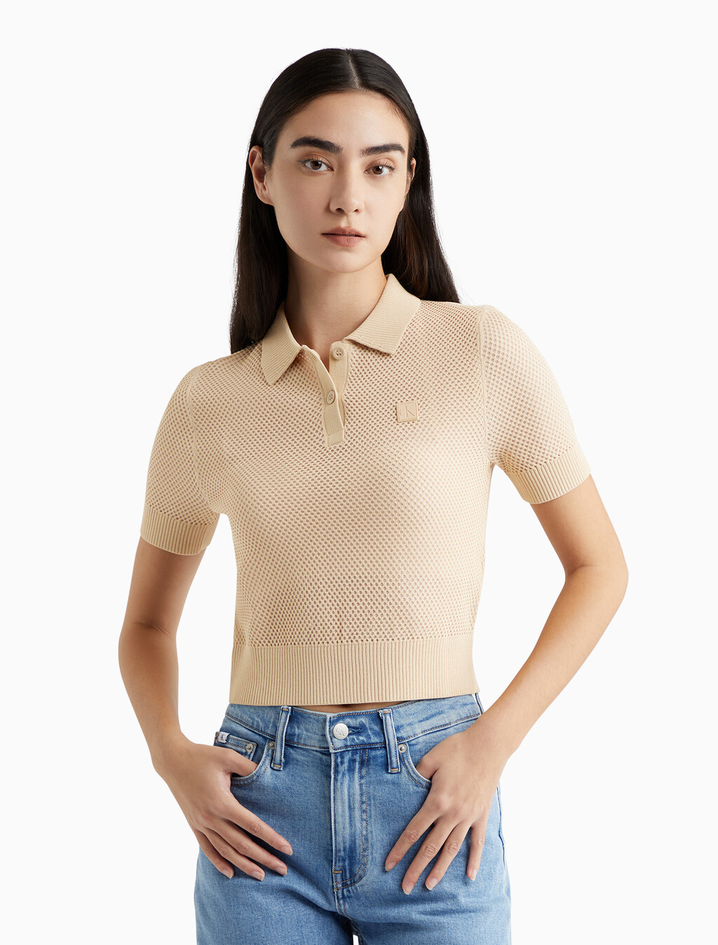 Second Skin Open Knit Polo, Warm Sand, hi-res