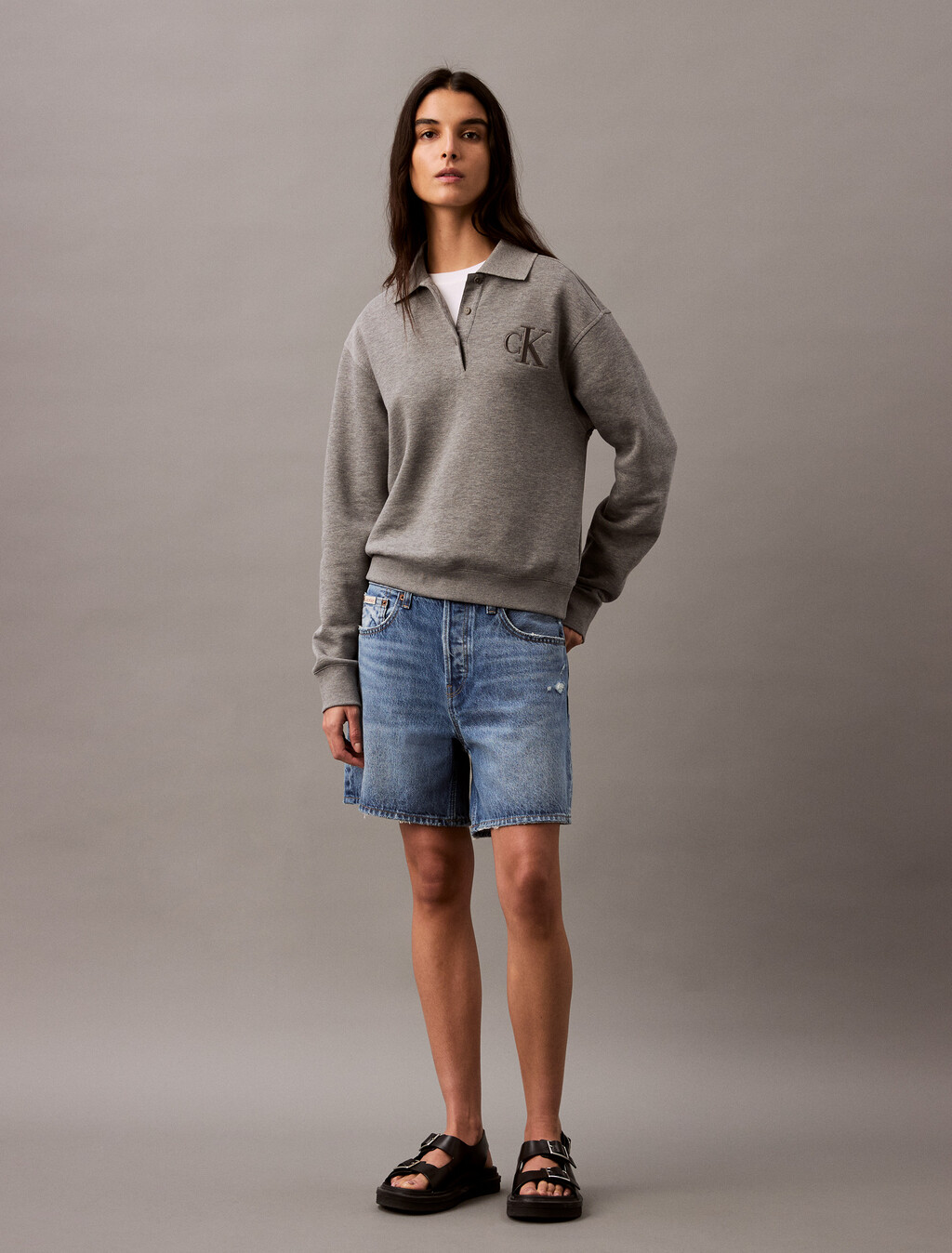 Cotton Modal Fleece Polo Sweatshirt, Med Grey Heather, hi-res