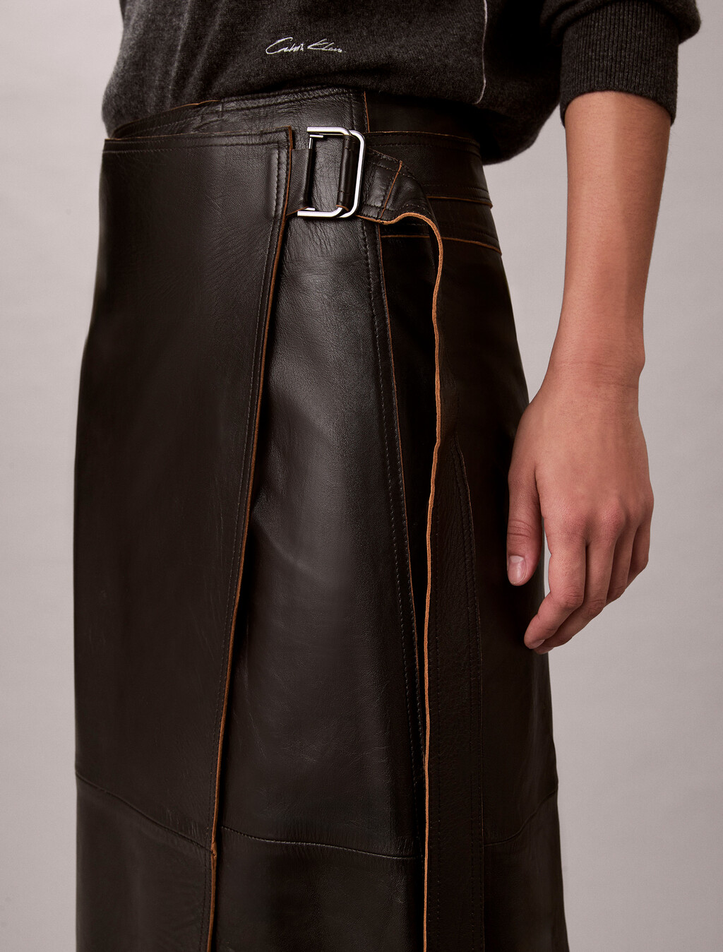 Leather Midi Wrap Skirt, Black, hi-res