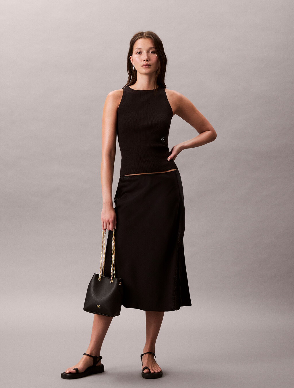 Minimal Monogram Chain Bucket Bag, Black, hi-res