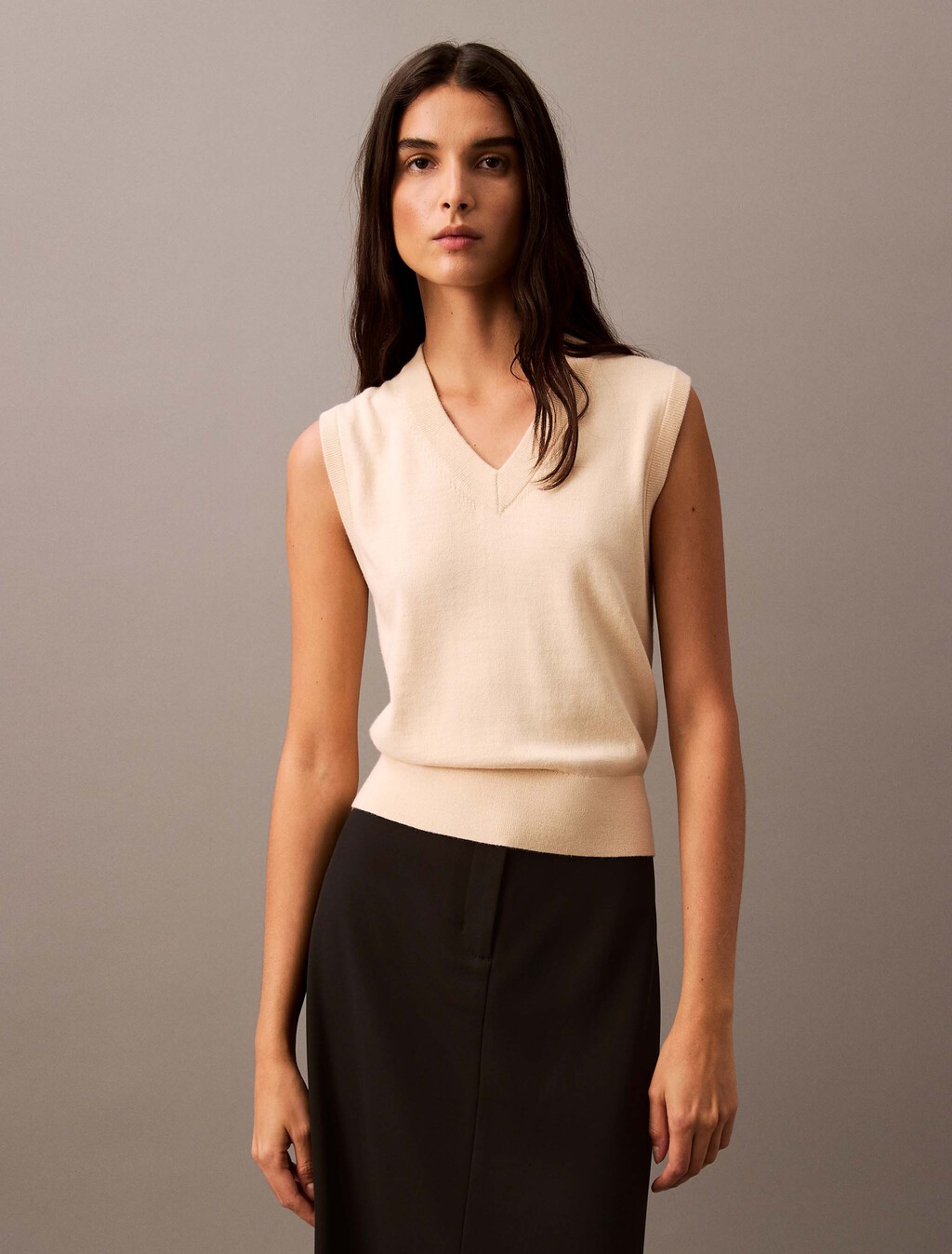 Merino V Neck Shrunken Vest, Linen, hi-res