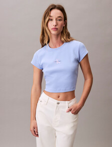 Slim Cropped Monogram T-shirt, Moderate Blue, hi-res