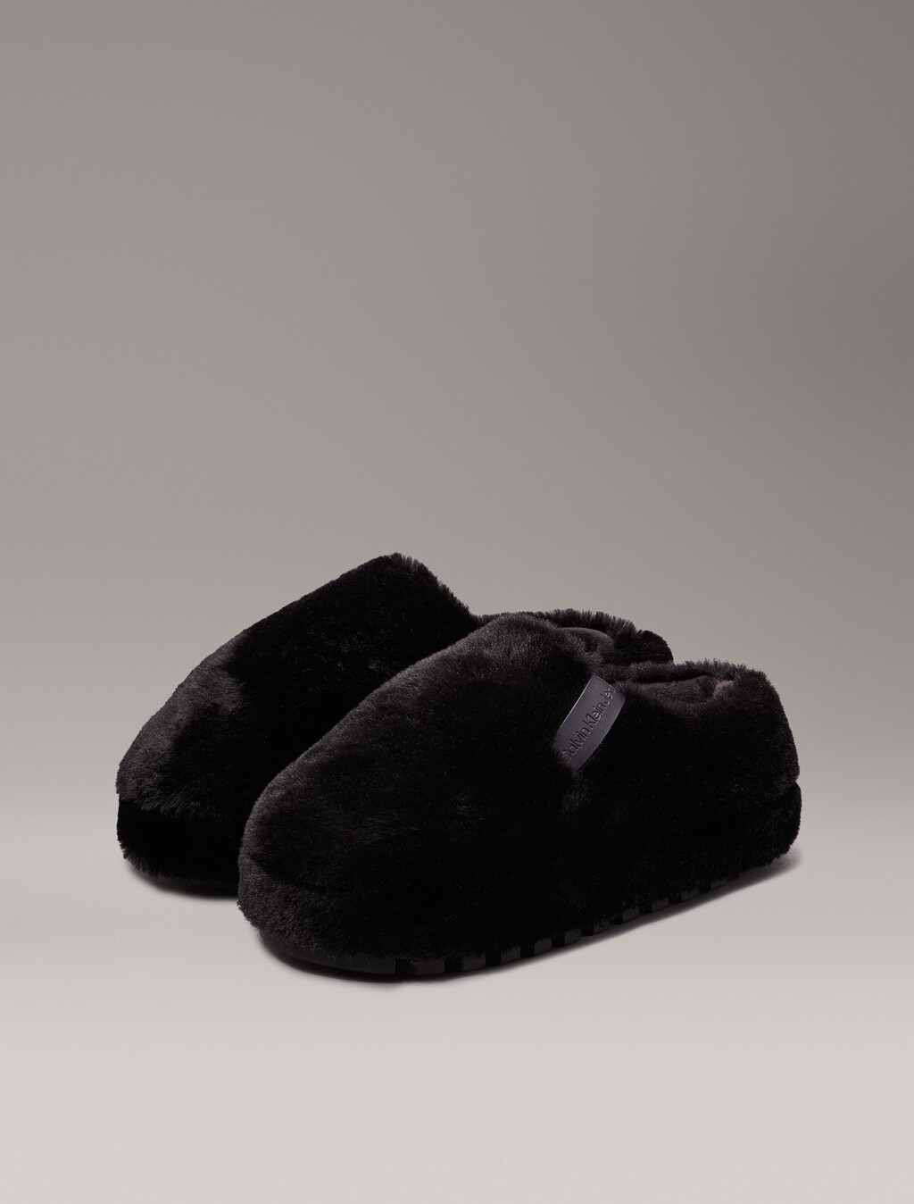 Faux Fur Slippers, Triple Black, hi-res