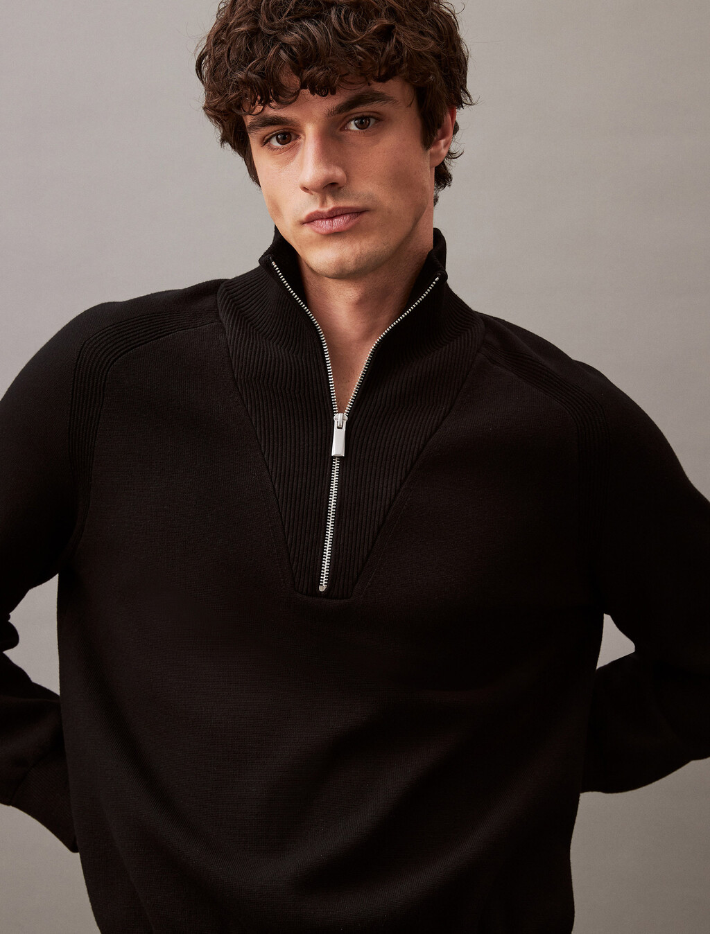 Tech Knit Quarter Zip Sweater, Black, hi-res