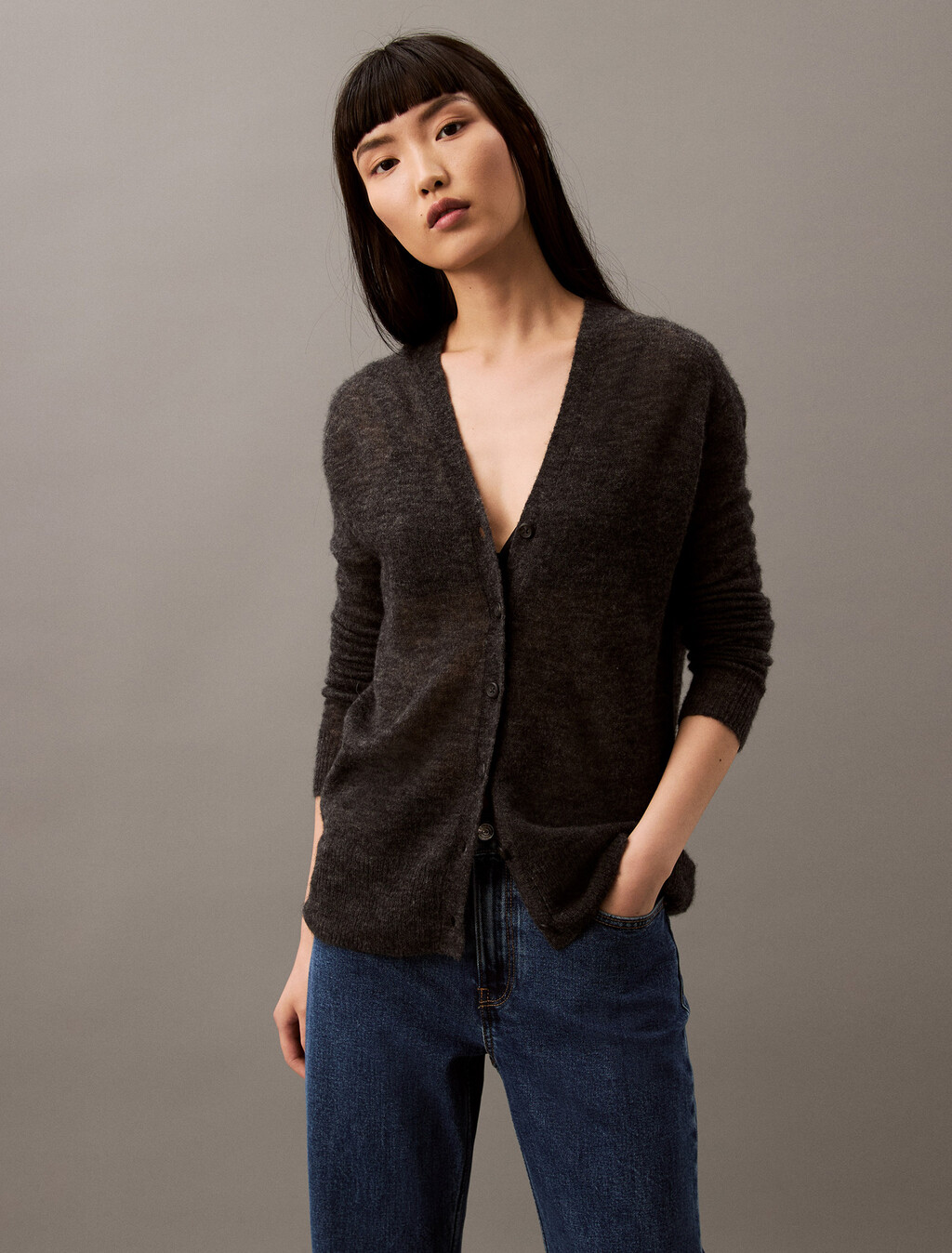 Sheer Alpaca Open Gauge Cardigan, B85 Gun Metal Heather, hi-res
