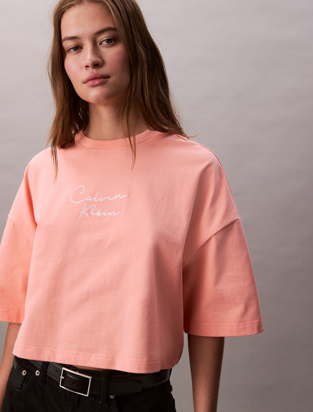 Boxy Cropped Logo T-shirt, Powder Orange, hi-res