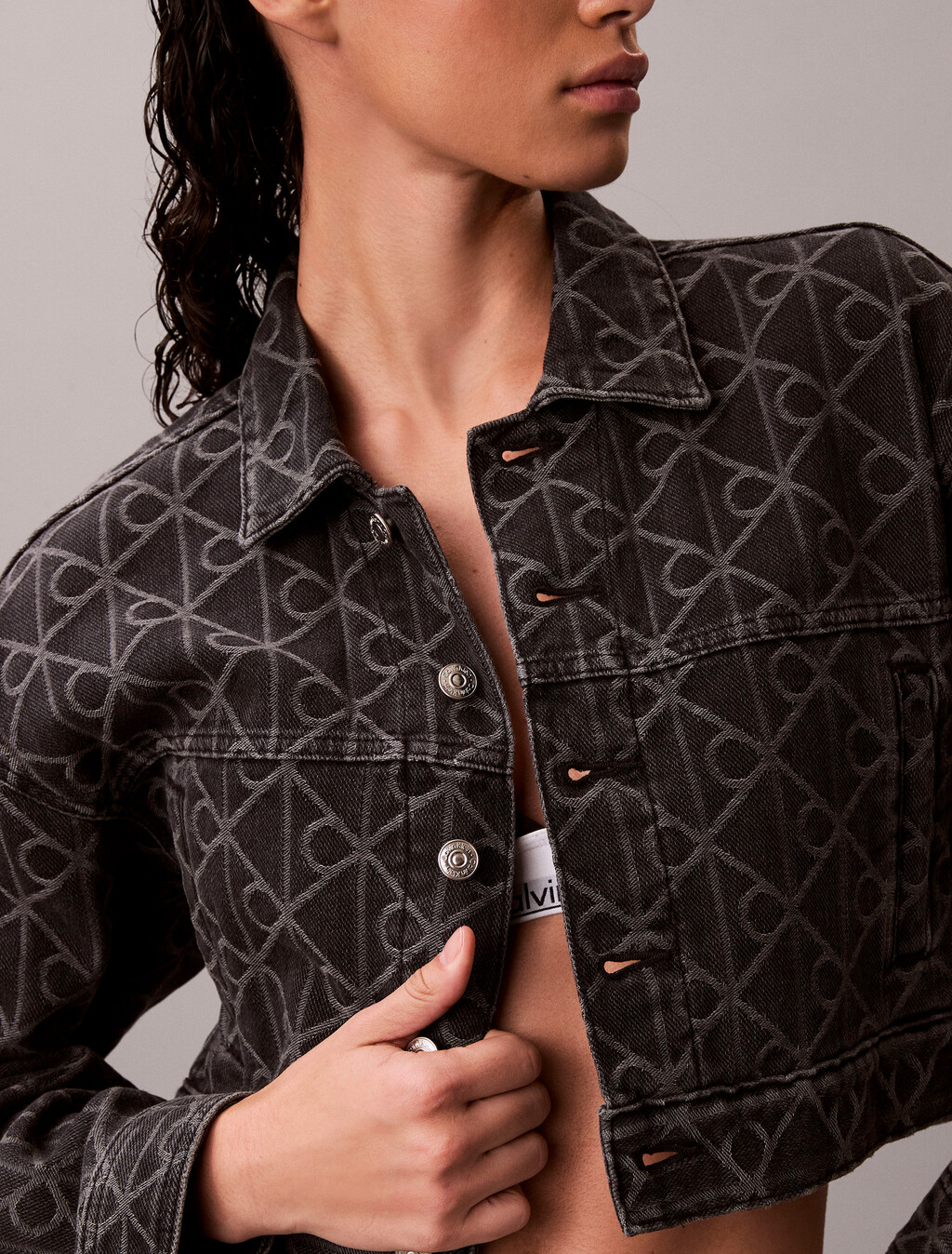 CK Emblem Cropped Denim Trucker Jacket, BLACK EMBLEM, hi-res