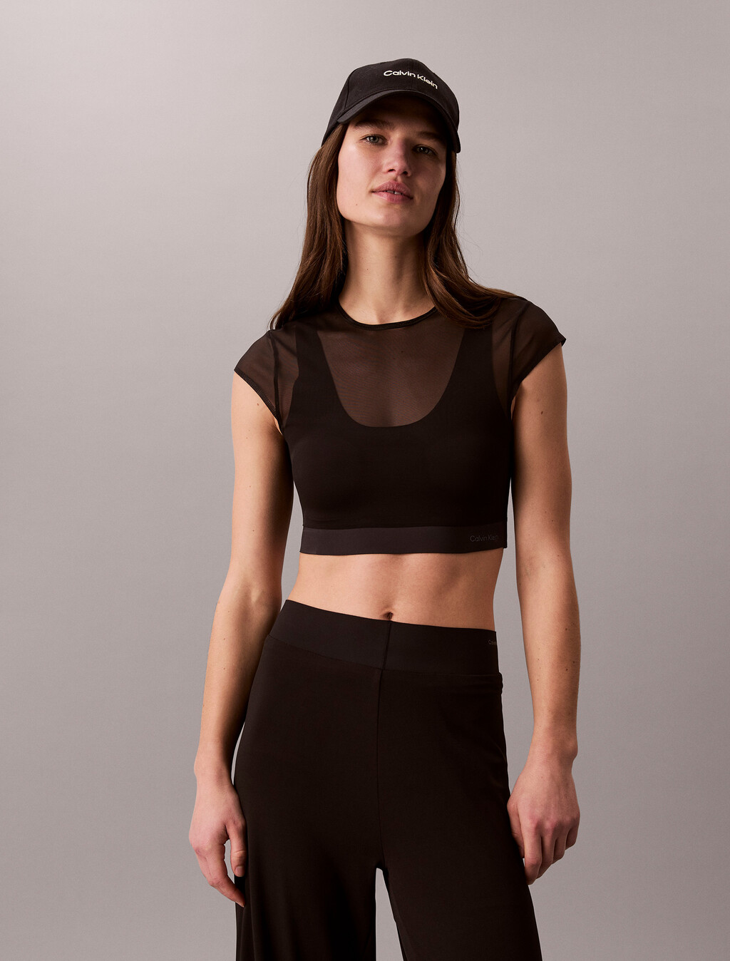 Cropped Performance Mesh Sports Bra Top, Black, hi-res