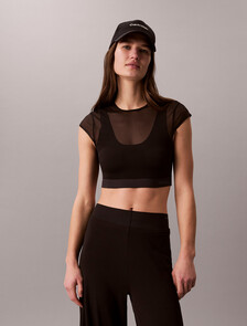 Cropped Performance Mesh Sports Bra Top, Black, hi-res