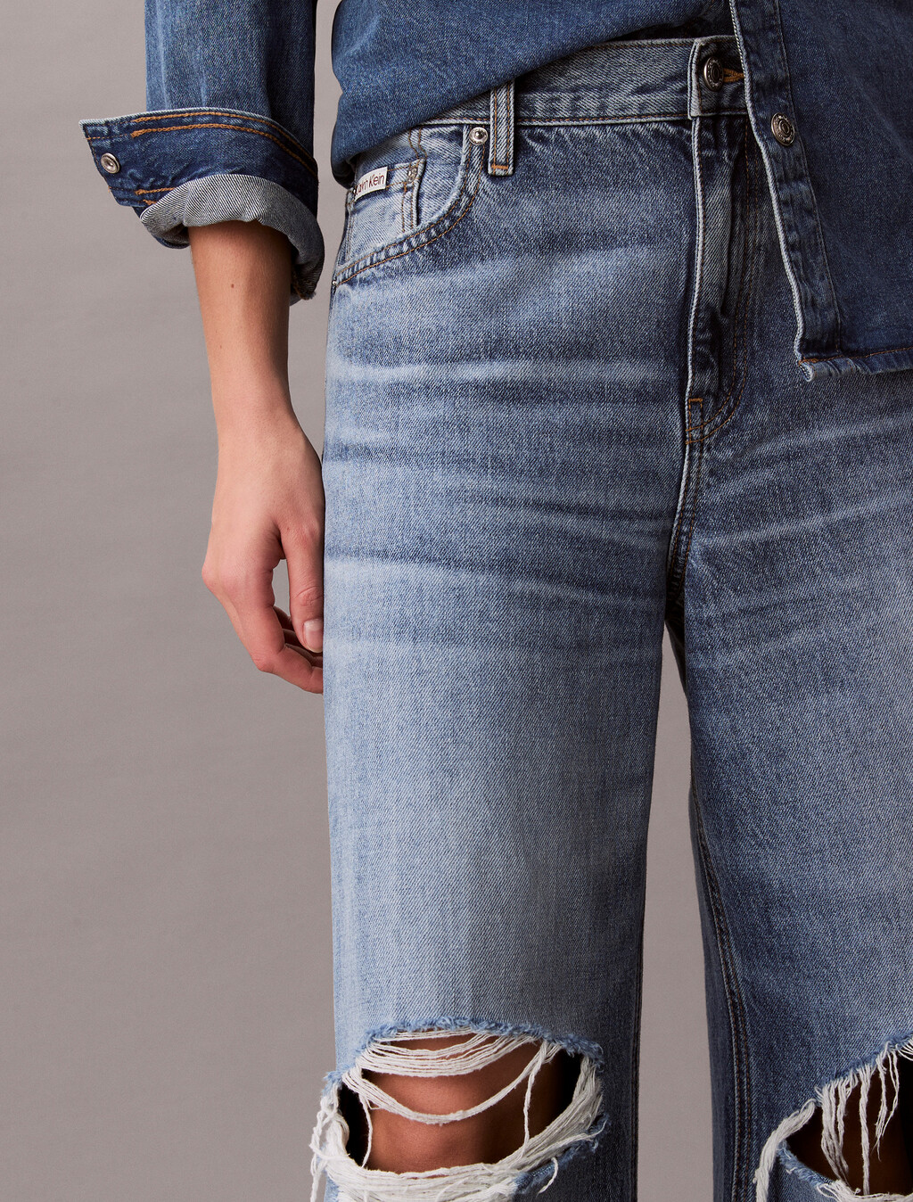 Low Rise Distressed Baggy Jeans, SLASHED INDIGO, hi-res