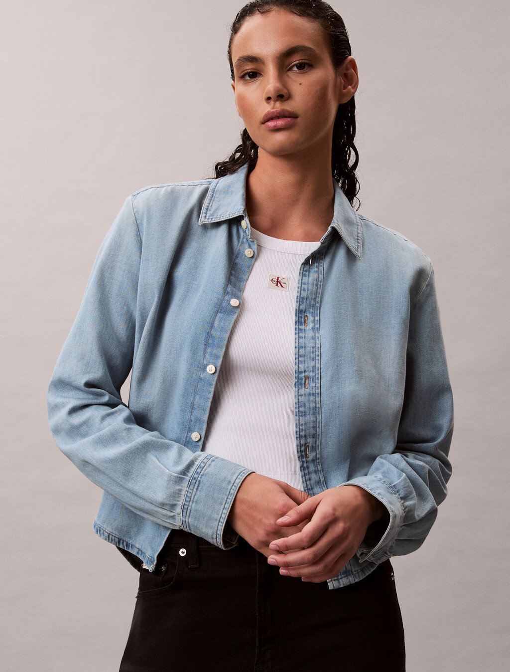 Cropped Denim Shirt, BRIGHTON BLUE, hi-res