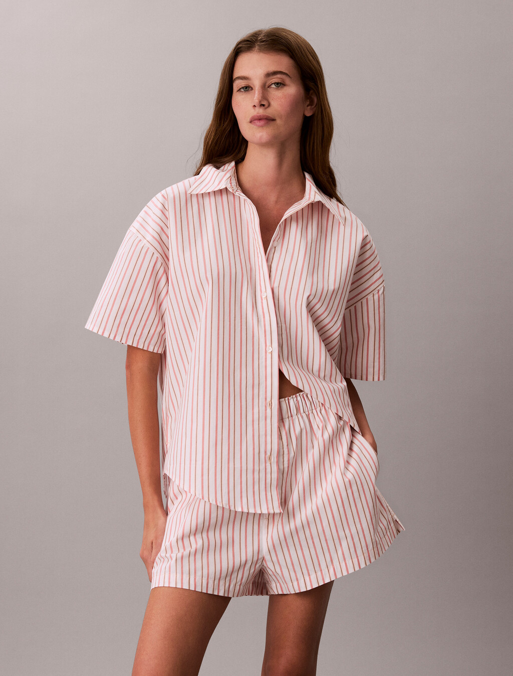 Cotton Poplin Pyjama Button-Down Shirt, AURORA STRIPE PEACH BLISS, hi-res