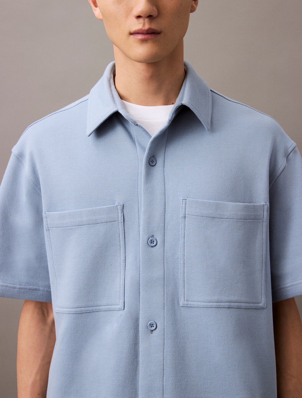 Textured Pique Relaxed Overshirt, Faded Denim, hi-res