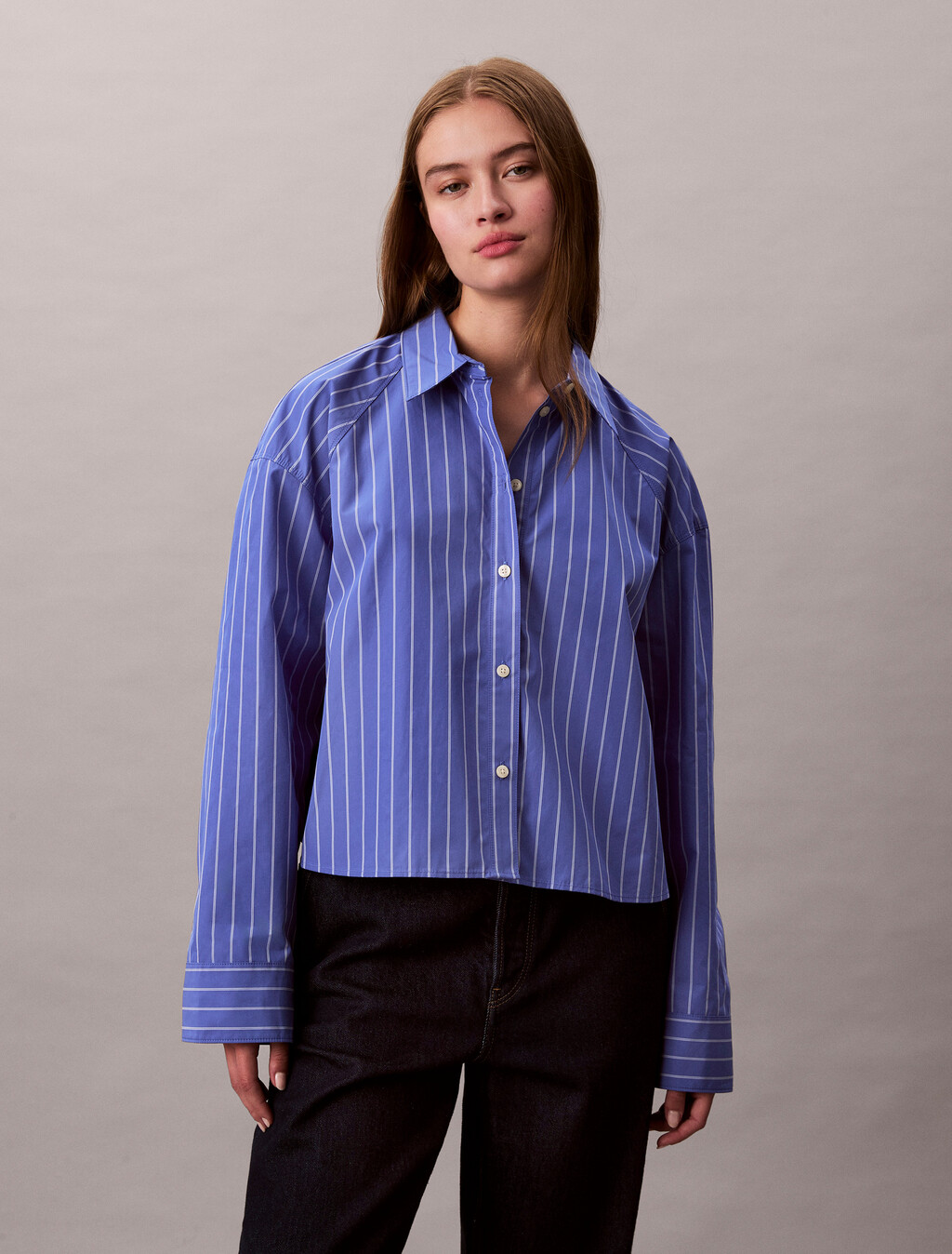 Stripe Cropped Boxy Button-Down Shirt, 19142 CSW25S_W015+6_Amparo, hi-res