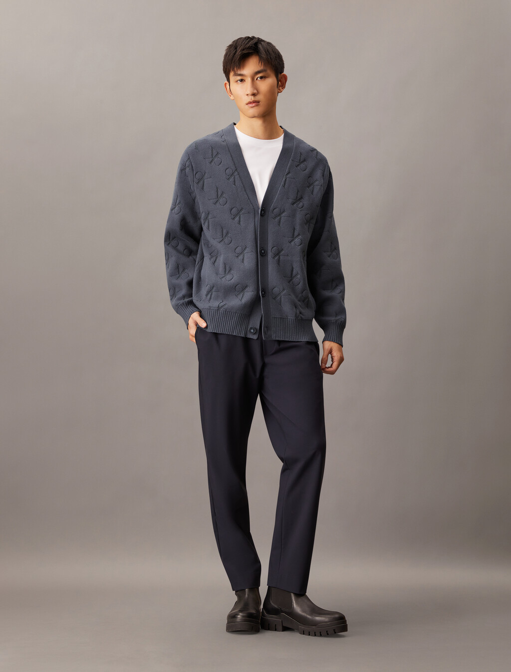 Embossed Monogram Relaxed Cardigan, Ebony, hi-res