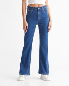 ITALIAN DENIM HIGH RISE FLARE JEANS, Med Blue, hi-res