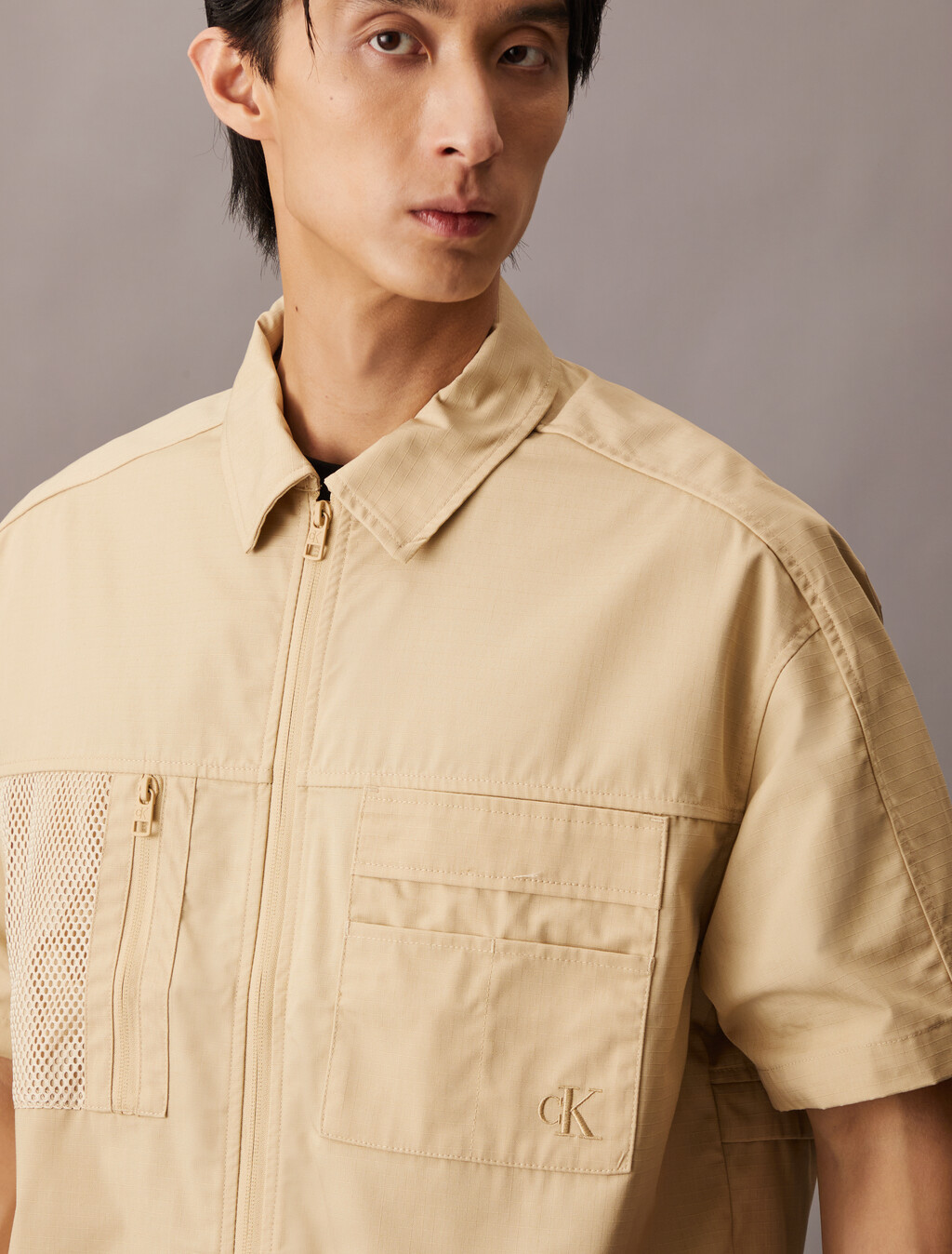 Cooling Mixed Media Zip Up Overshirt, Pale Khaki, hi-res