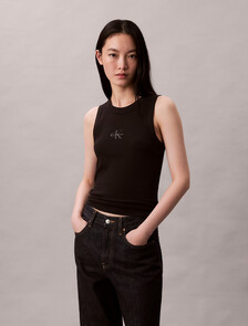Monogram Rib Knit Tank Top, Black, hi-res