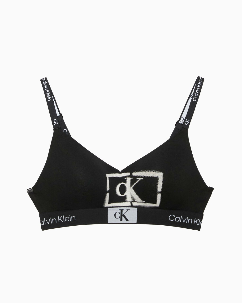 CALVIN KLEIN 1996 LIGHTLY LINED BRALETTE, STENCIL LOGO PRINT+BLACK, hi-res