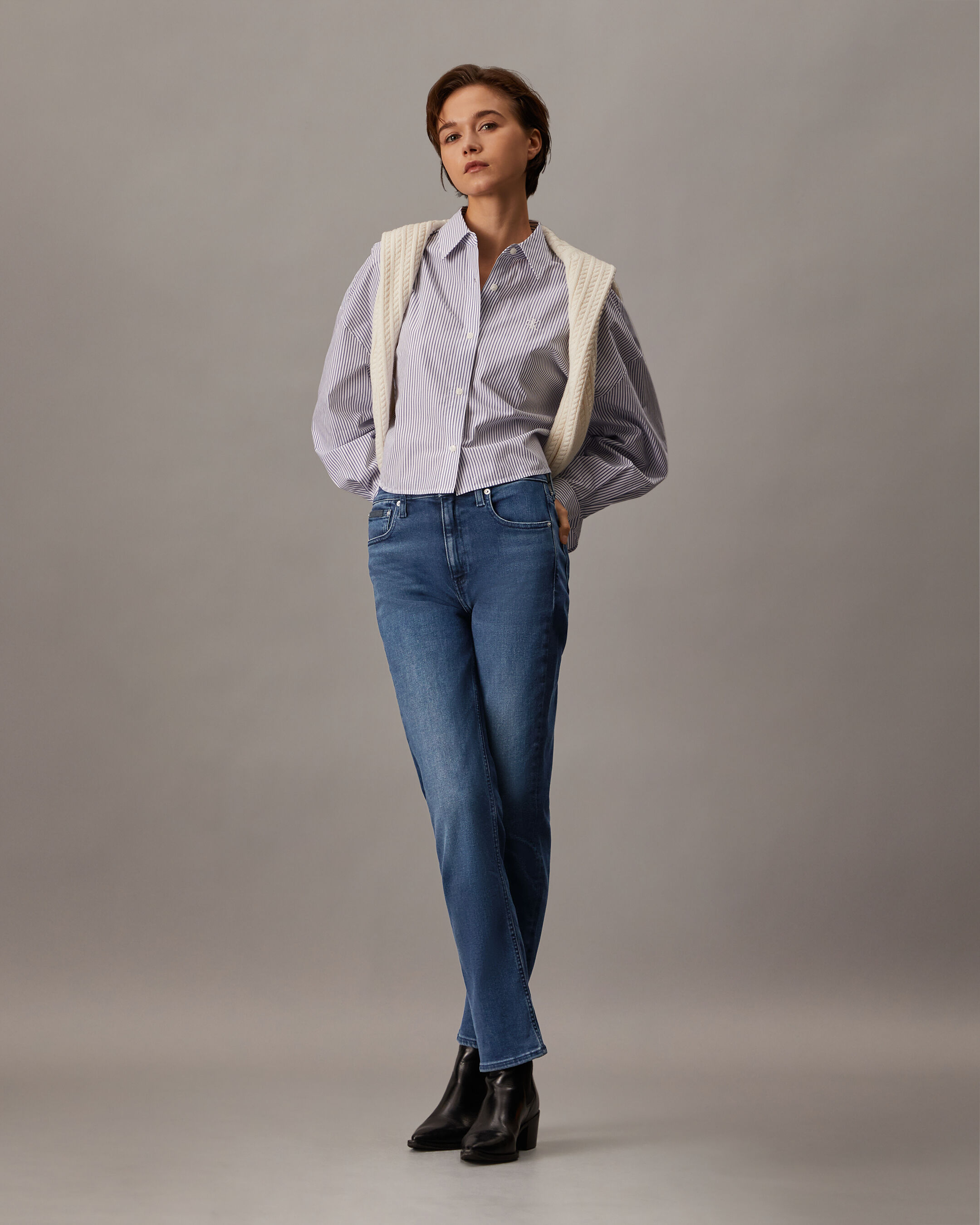 お歳暮 人気 オシャレ Luxe Lined Calvin | blue | Jeans Straight Slim Rise High パンツ