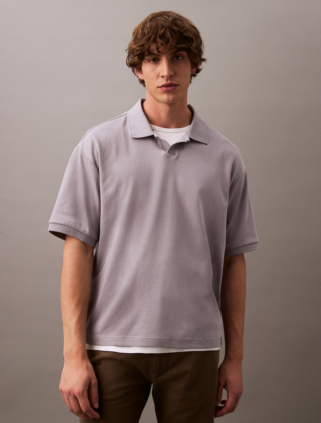 寬鬆羅紋棉質 Polo 衫, Lilac Gray, hi-res