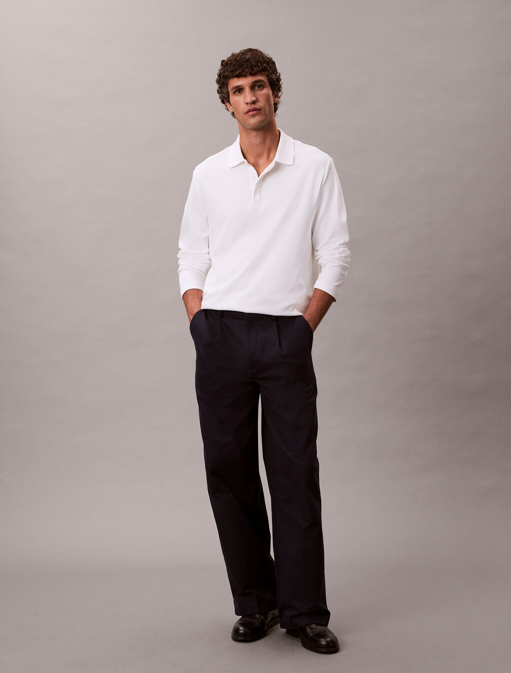 奢華綿質長袖 Polo 衫, Bright White, hi-res