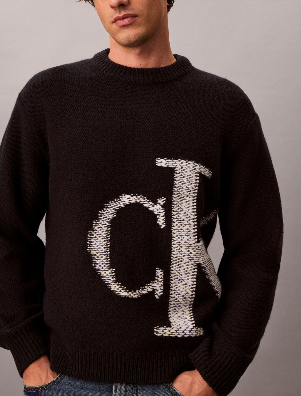 Pure Wool Monogram Jumper, Black, hi-res