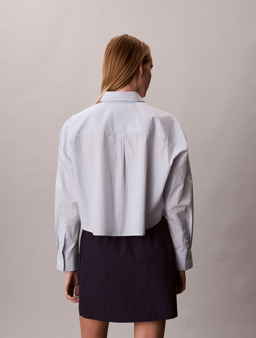 Cropped Cotton Poplin Stripe Shirt, Breezy Blue Three Color Refined Stripe, hi-res