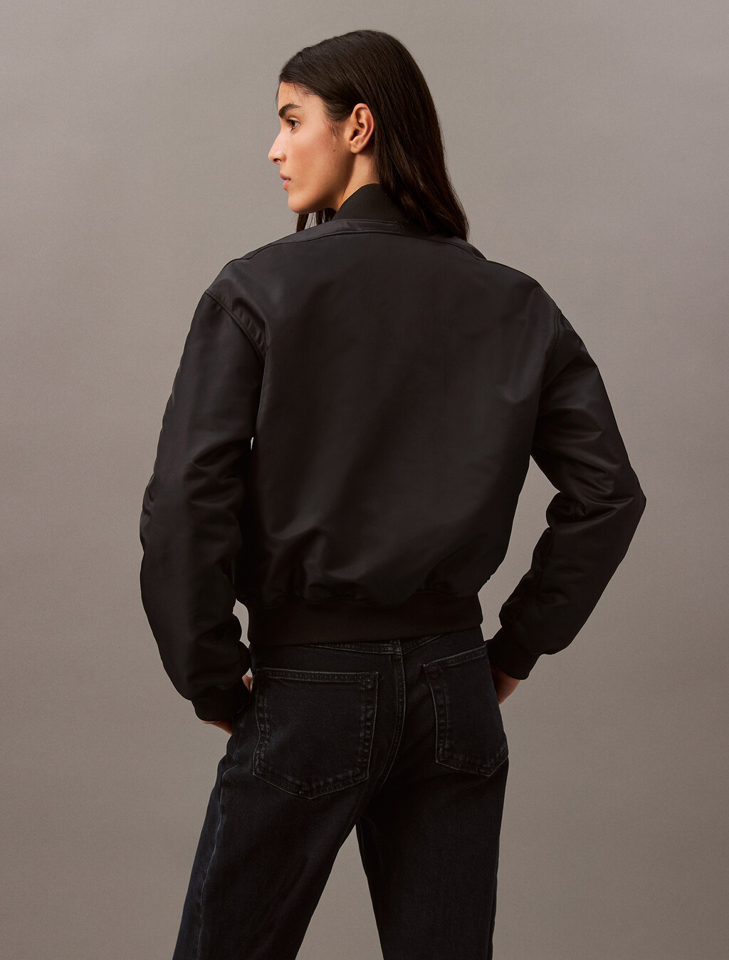 Padded Nylon Bomber Jacket, Black, hi-res