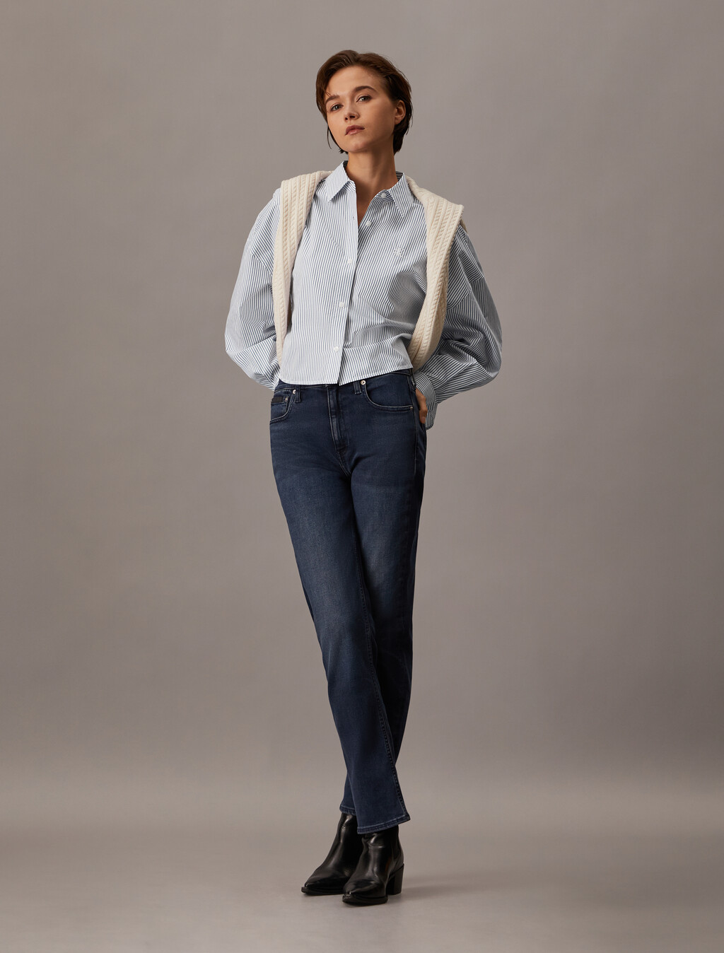短版條紋襯衫, Chambray Blue / White Stripe, hi-res