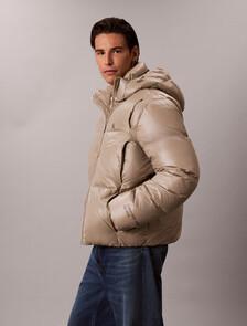 Glossy Down Puffer Jacket With Detachable Hood, Roasted Cashew, hi-res