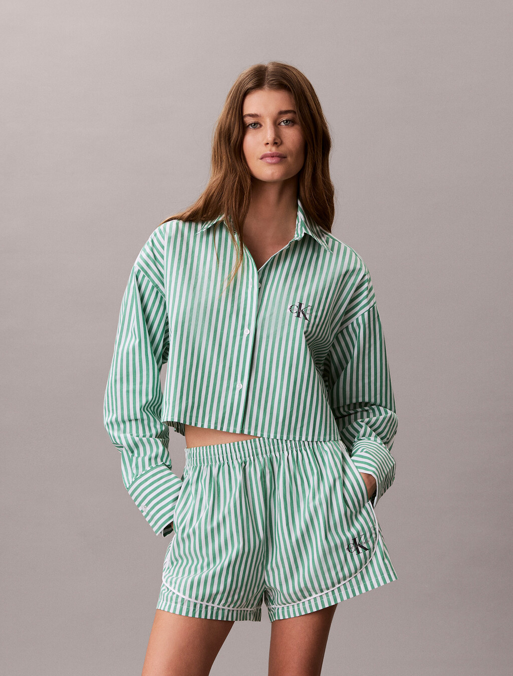 Cropped Cotton Poplin Pyjama Top, PENNY STRIPE MARDI GRAS GREEN, hi-res