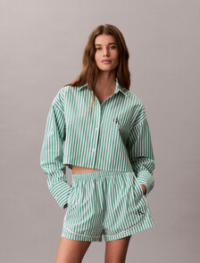 Cropped Cotton Poplin Pyjama Top, PENNY STRIPE MARDI GRAS GREEN, hi-res