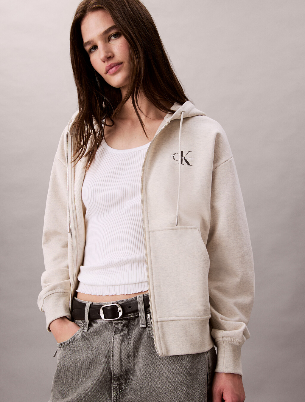 Monogram Cotton Terry Zip Thru Hoodie, Vanilla Heather, hi-res