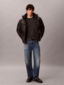 Glossy Down Puffer Jacket With Detachable Hood, Black, hi-res