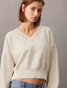 Oversized V Neck Pullover Sweatshirt, Ivory, hi-res