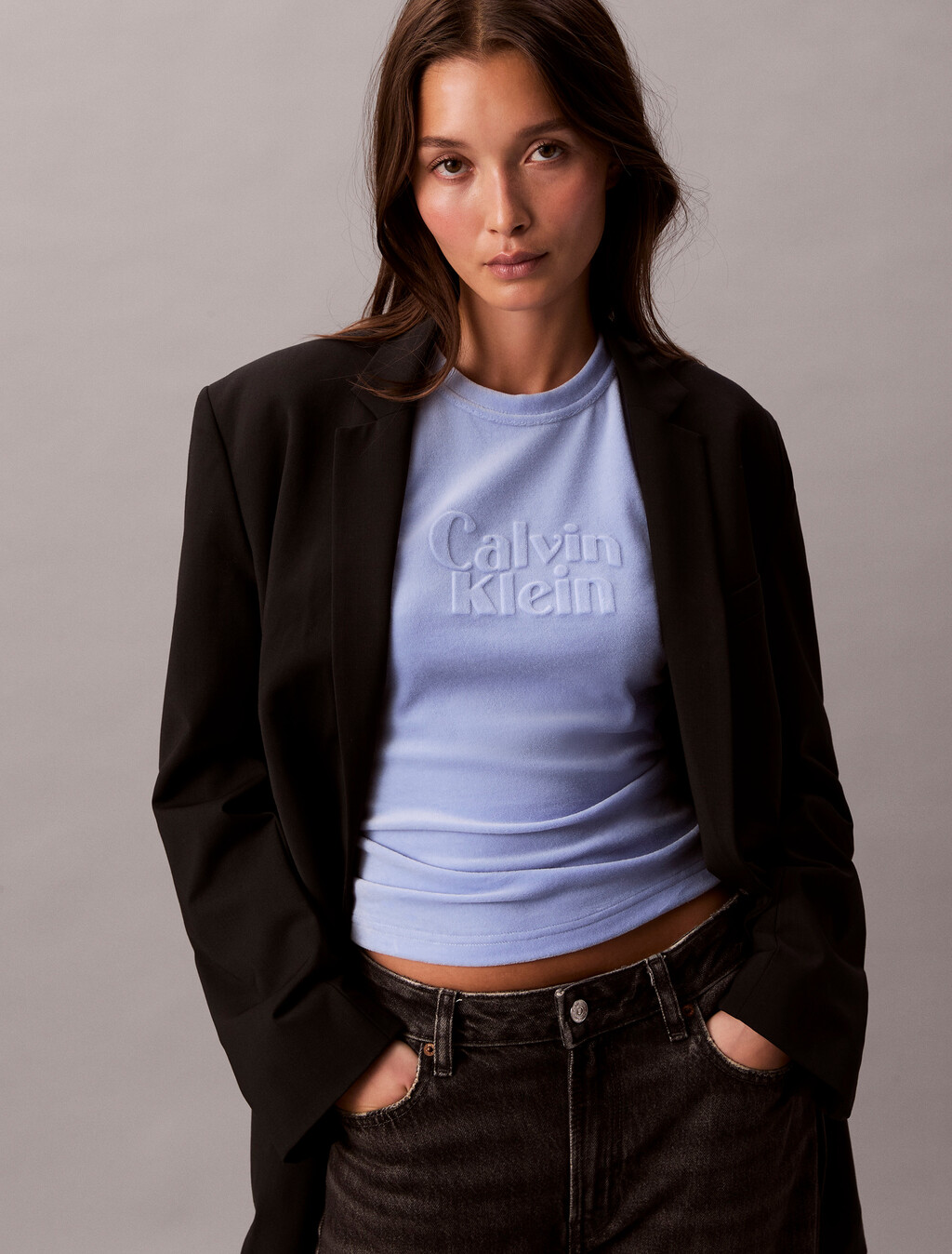 絨面壓花標誌圖案修身 T 恤, Hydrangea, hi-res