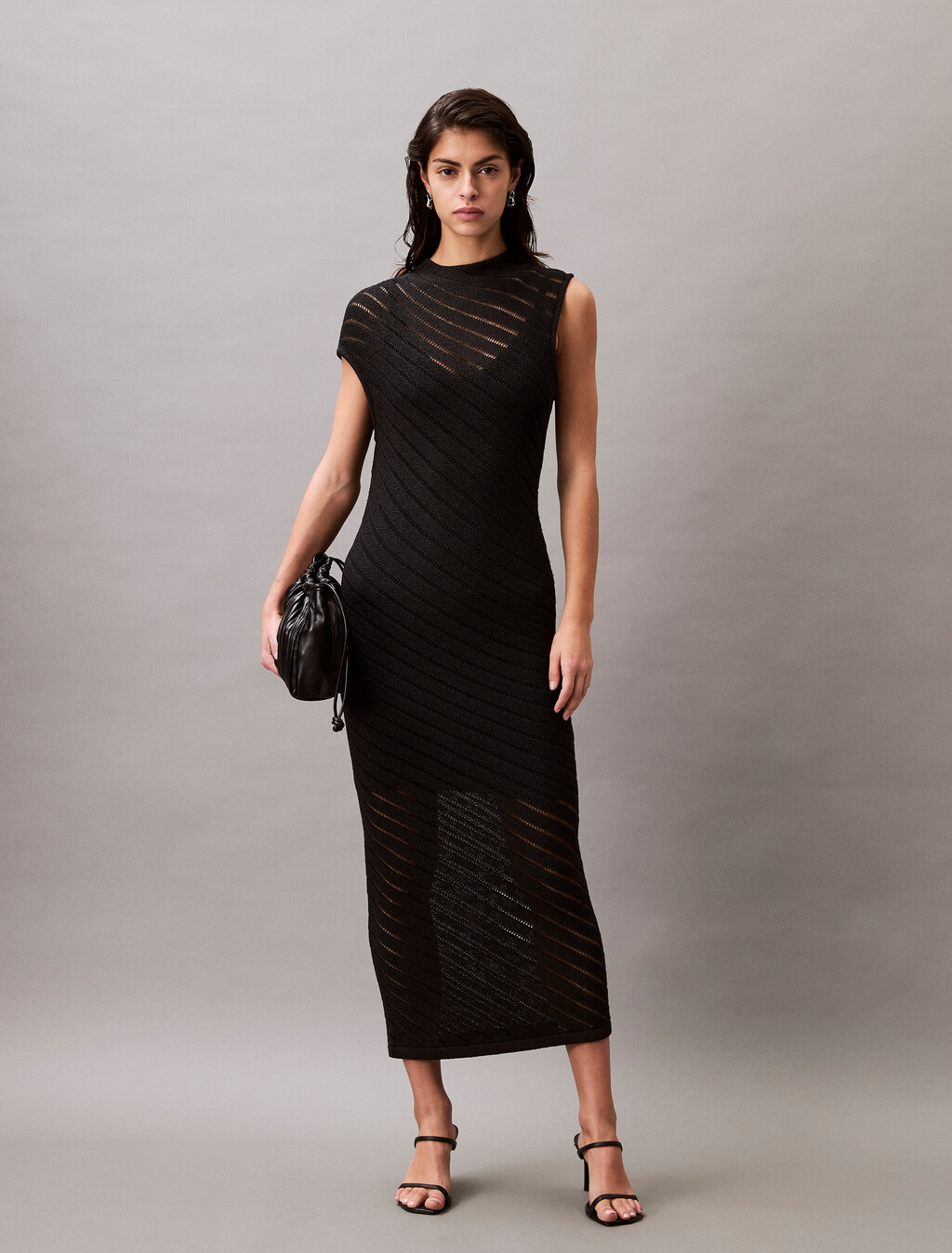 Asymmetric Mock Neck Dress, Black, hi-res