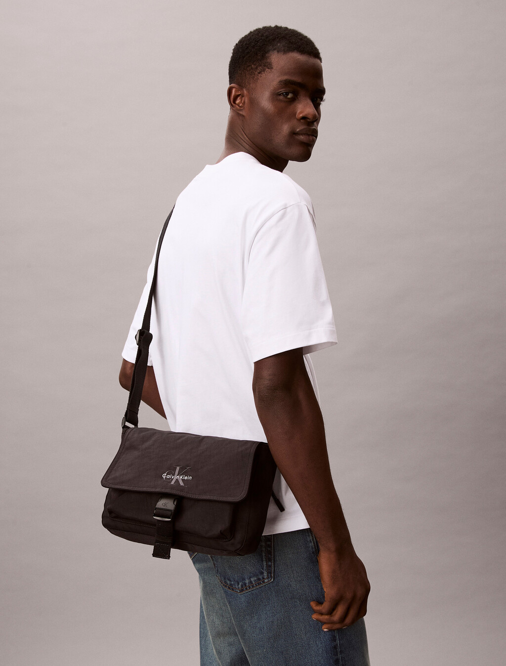 Bold Logo Nylon Flap Messenger Bag, Black, hi-res