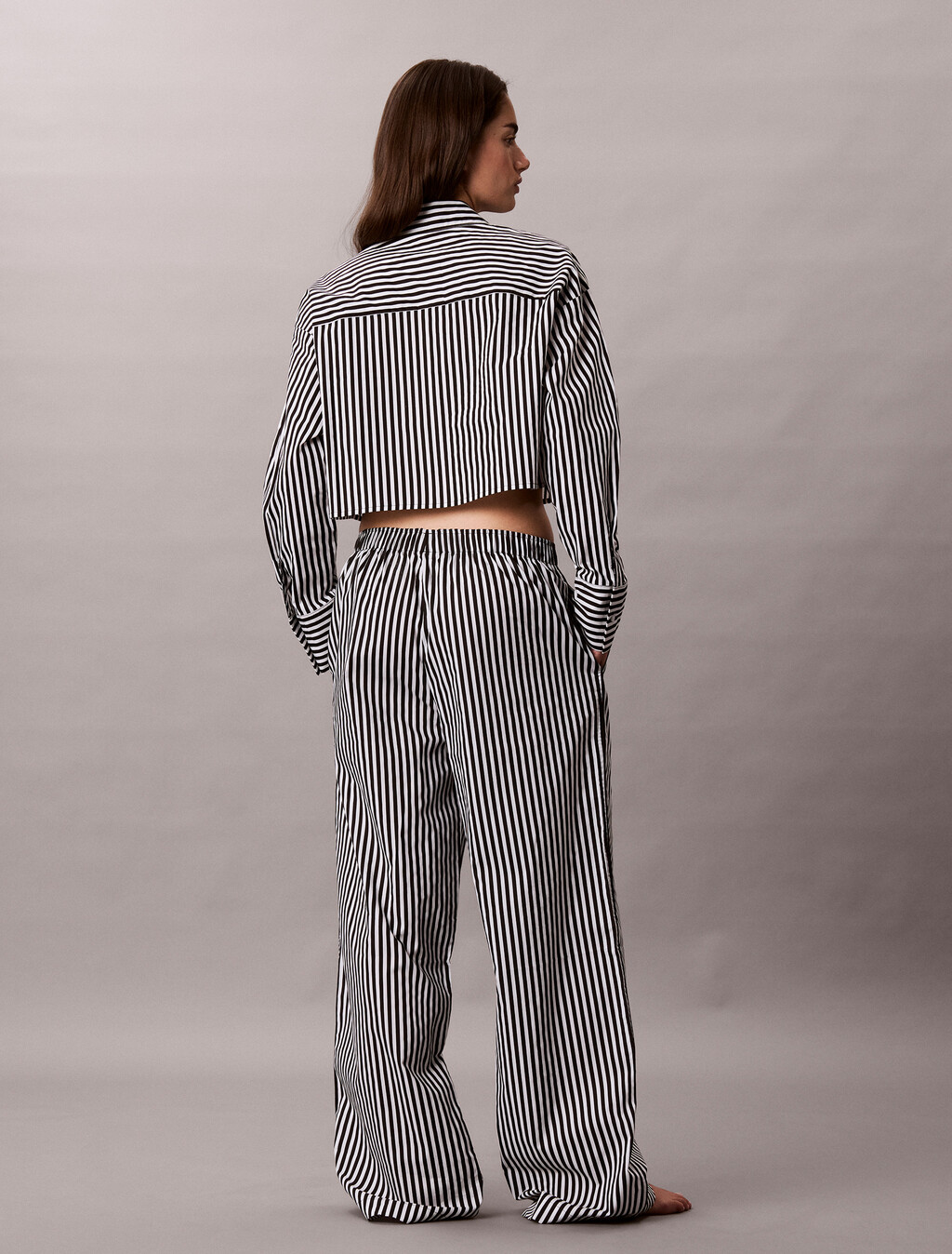 短版府綢棉睡裝上衣, PENNY STRIPE+Black, hi-res