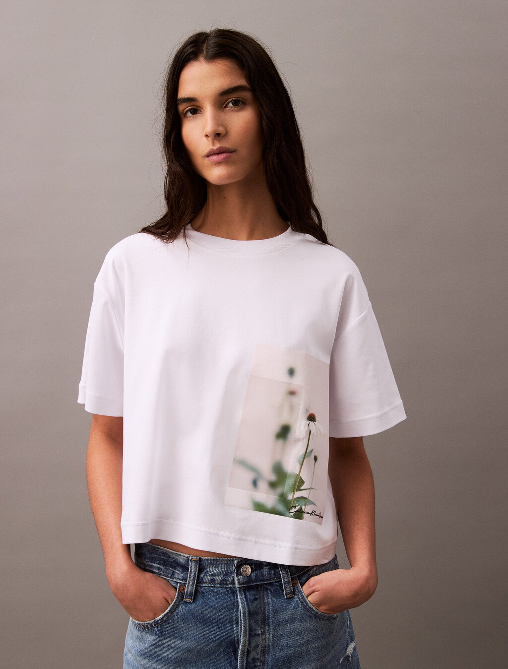 Cropped Floral Print T-shirt, Brilliant White, hi-res