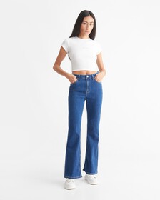 ITALIAN DENIM HIGH RISE FLARE JEANS, Med Blue, hi-res