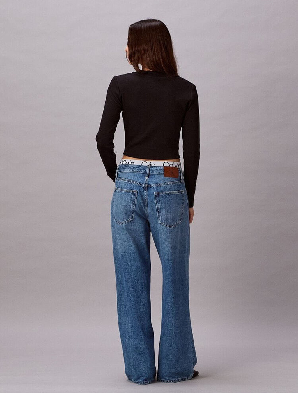 Logo Waistband Low Rise Baggy Jeans, MID BLUE, hi-res