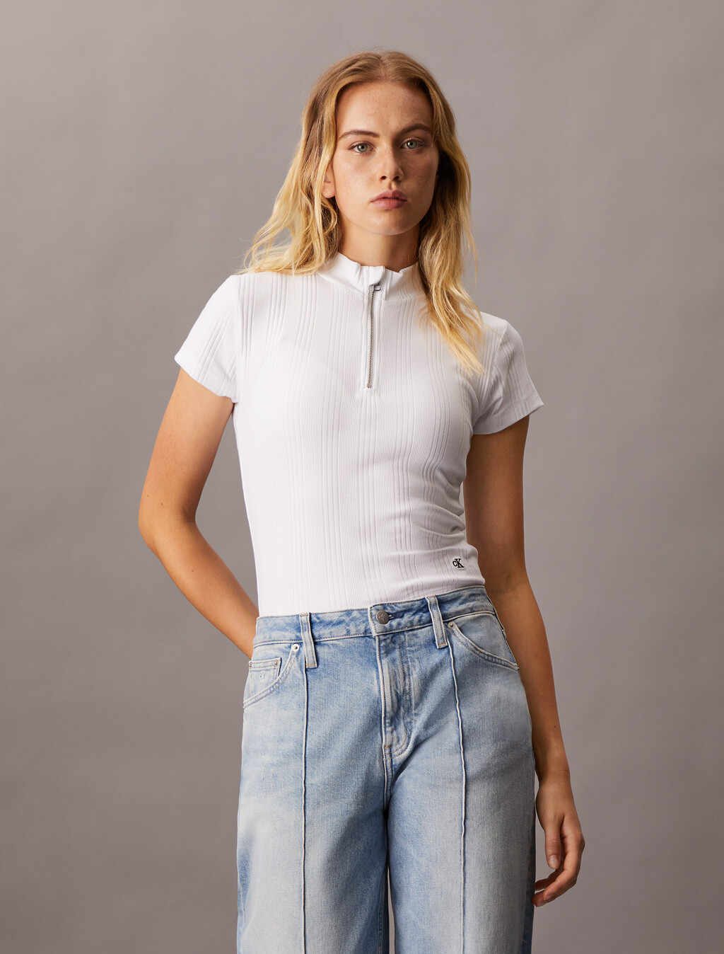 Variegated Rib Knit Half Zip Top, Bright White, hi-res